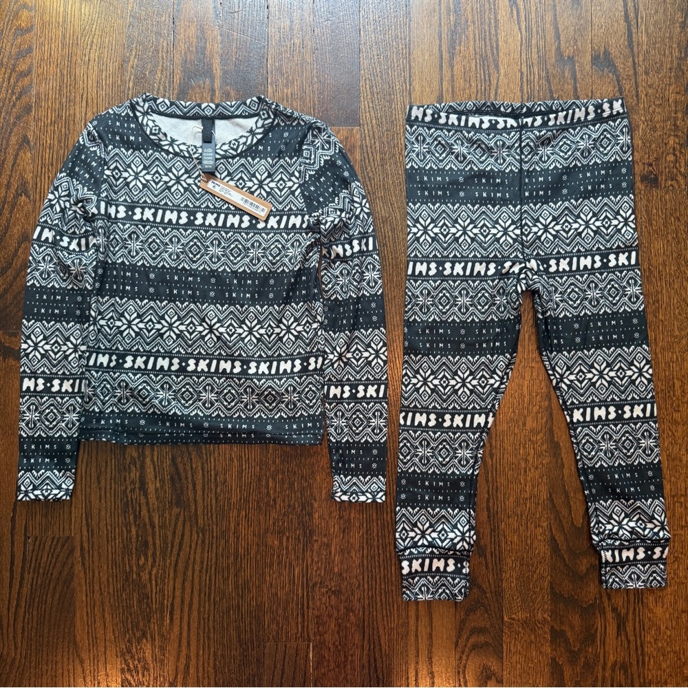 SKIMS Kids Plush Pointelle Pajama Set – Onyx Fair Isle, Size 12/14, NWT